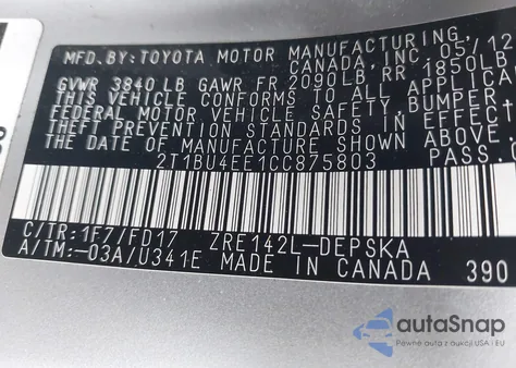 2012 Toyota Corolla S from USA, damaged, VIN 2T1BU4EE1CC875803